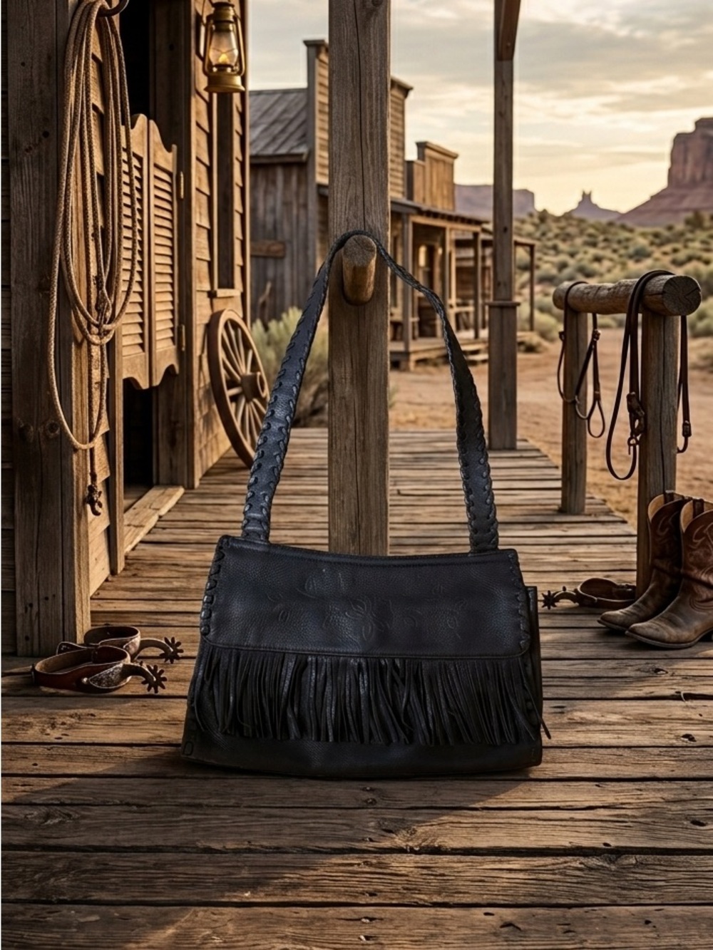Black Fringe Leather Western Style Fossil Shoulder Bag - Women Bags